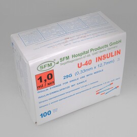 Шприц инсулиновый SFM 1,0 мл U-40 с интегрирированной иглой 0,33*12,7 - 29G,